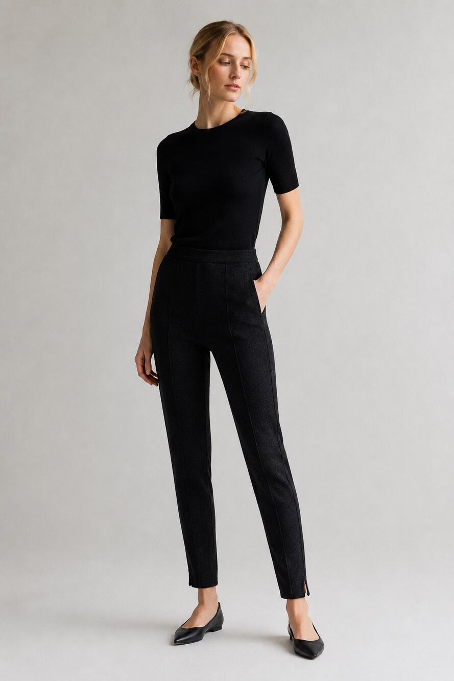 St. John | Black Wool Blend Straight Leg Slim Ankle Trouser Pants Textured Knit